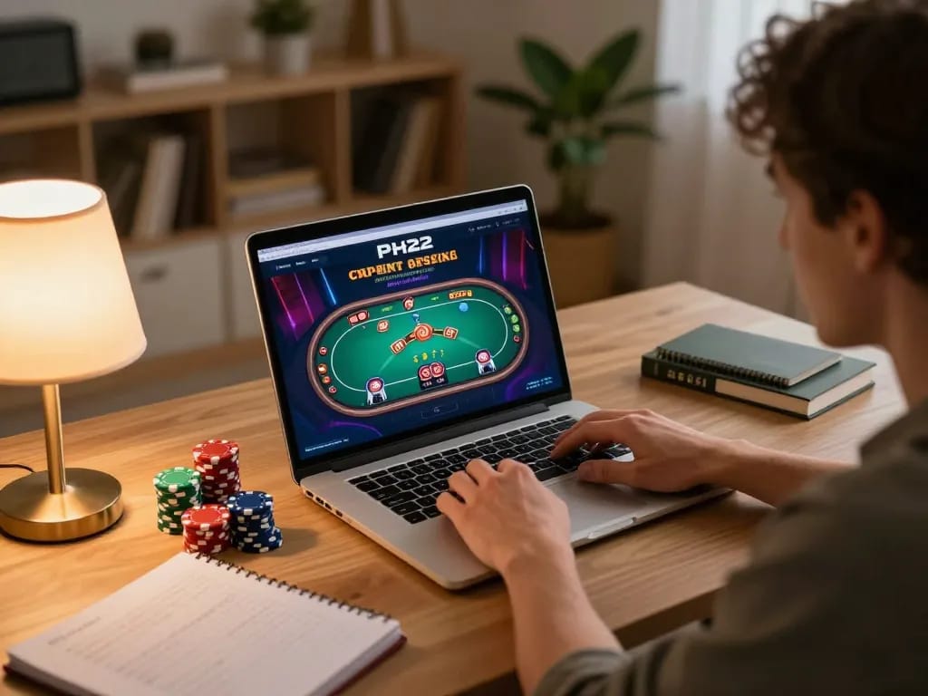 Playing poker on PH22 online casino laptop with chips and strategy notes in a cozy home