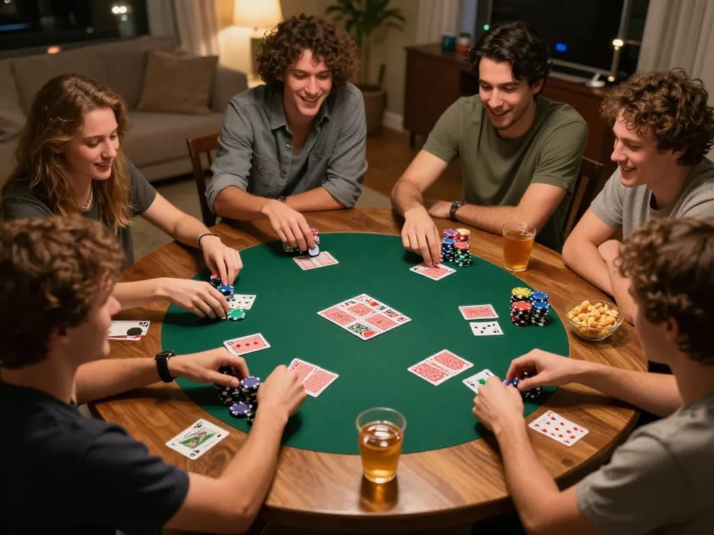 Players enjoying a lively home poker night at Man 88, showcasing chips and cards amid a friendly atmosphere.