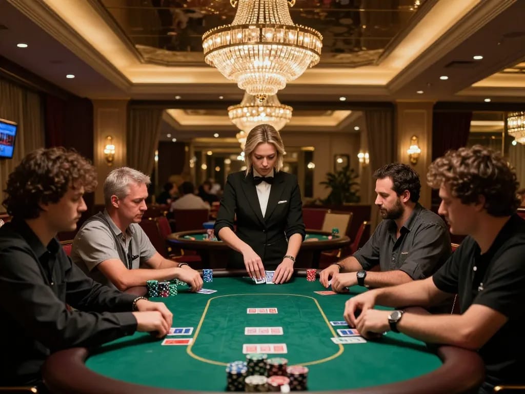 KJC players engaging in thrilling poker gameplay at an upscale casino environment, showcasing strategy and excitement