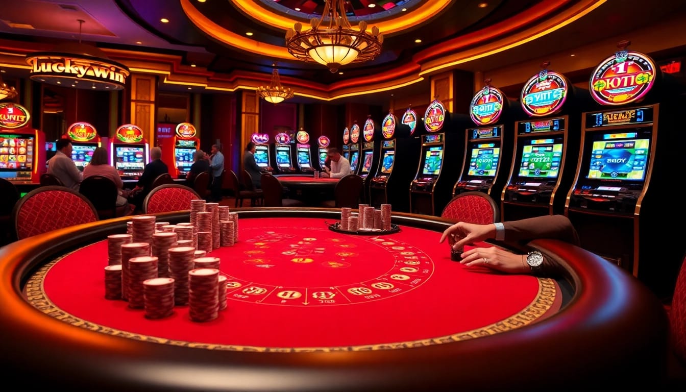 Action-packed scene at Luckywin casino highlighting players betting at a blackjack table with vibrant slot machines.