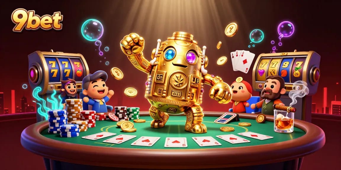Experience the vibrant 9bet action with a golden golem and casino elements in this stunning illustration.