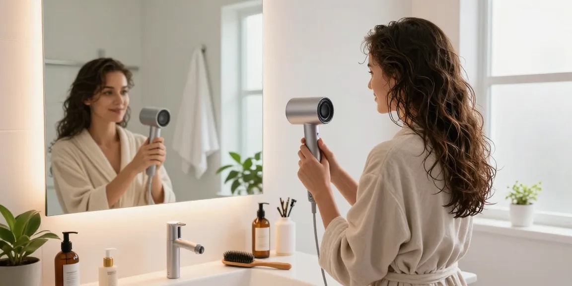 Stylish woman using a mini hair dryer in a bright bathroom setting.