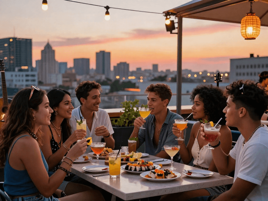 Friends enjoying rokok 88 and cocktails in a lively rooftop bar during sunset, capturing vibrant social moments.