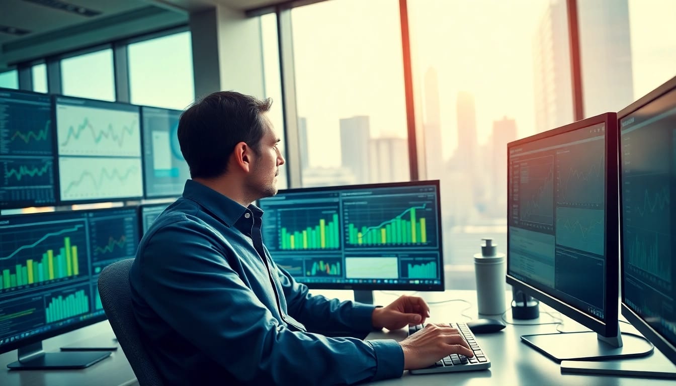 Analyst evaluates Internet Trends with data visualizations in a busy office