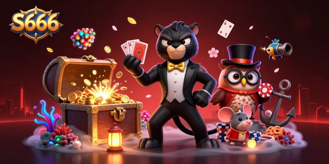 S666 engages players with a stylish panther dealer in a vibrant casino scene, surrounded by treasure and gaming elements.