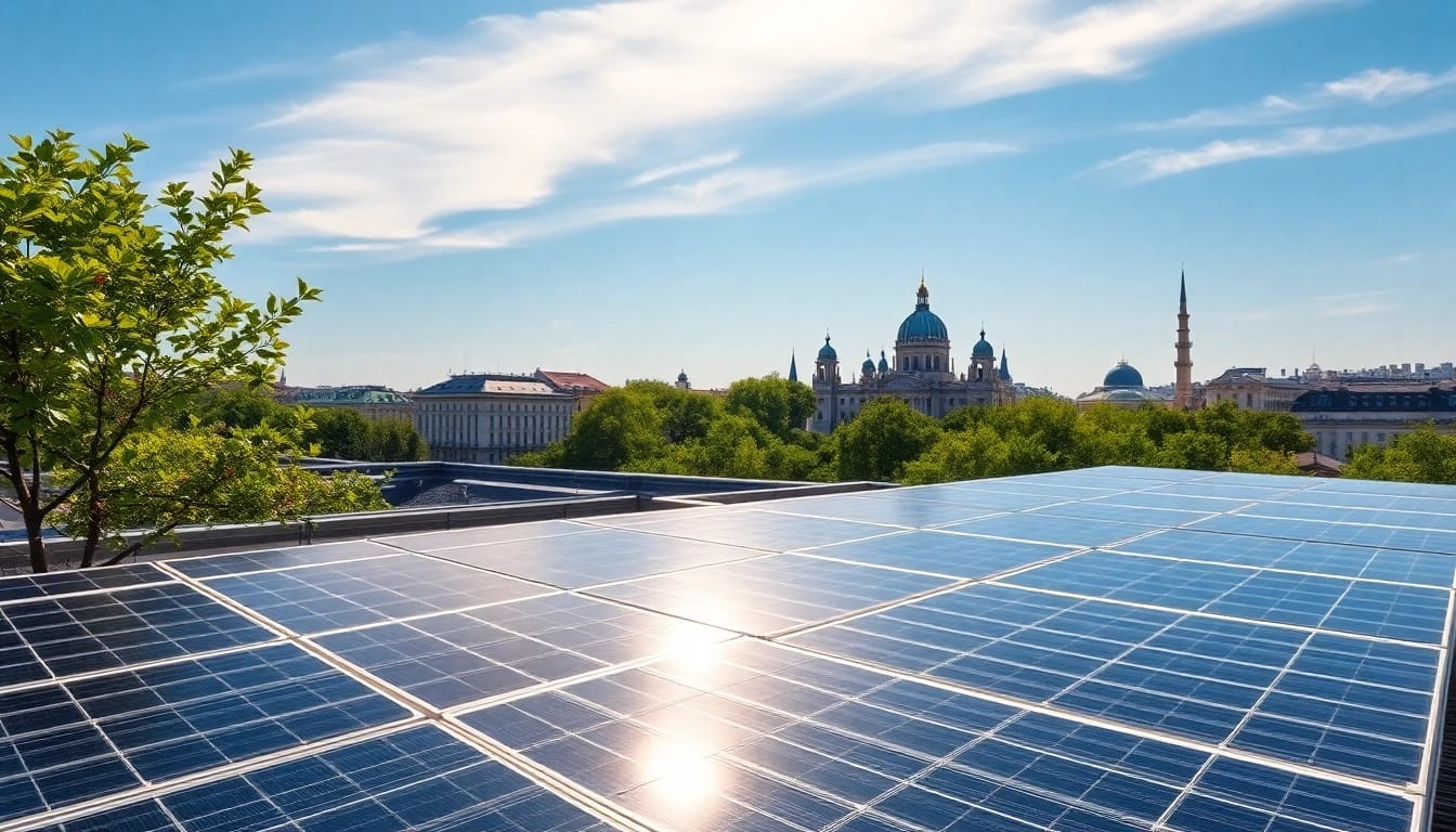 Solar Wien zeigt modernes Solarpanel-Design auf einem Wiener Dach vor einer Stadtszenerie.