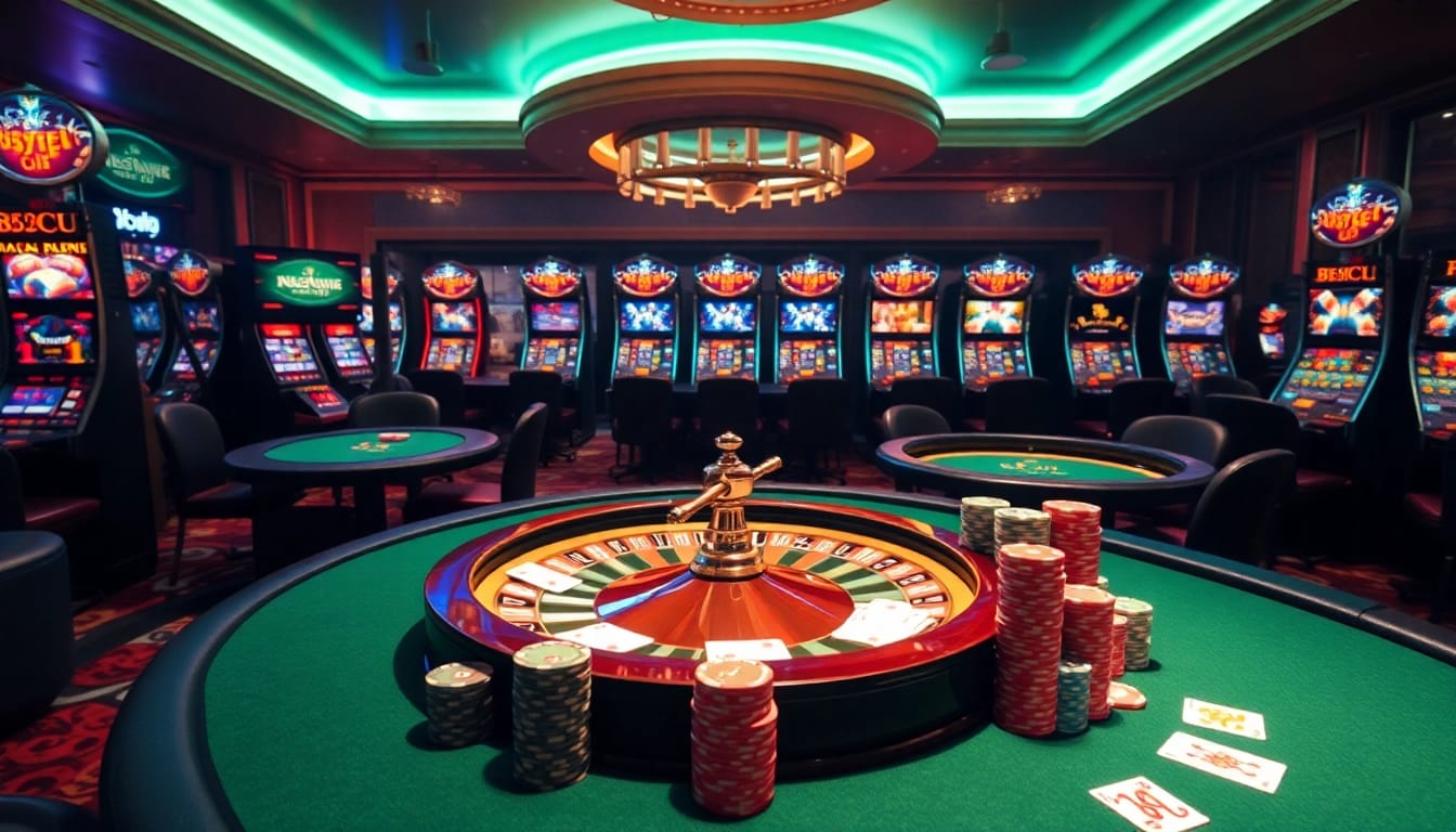 Players celebrating wins at B52 Club amidst luxurious casino tables and exciting slot machines.