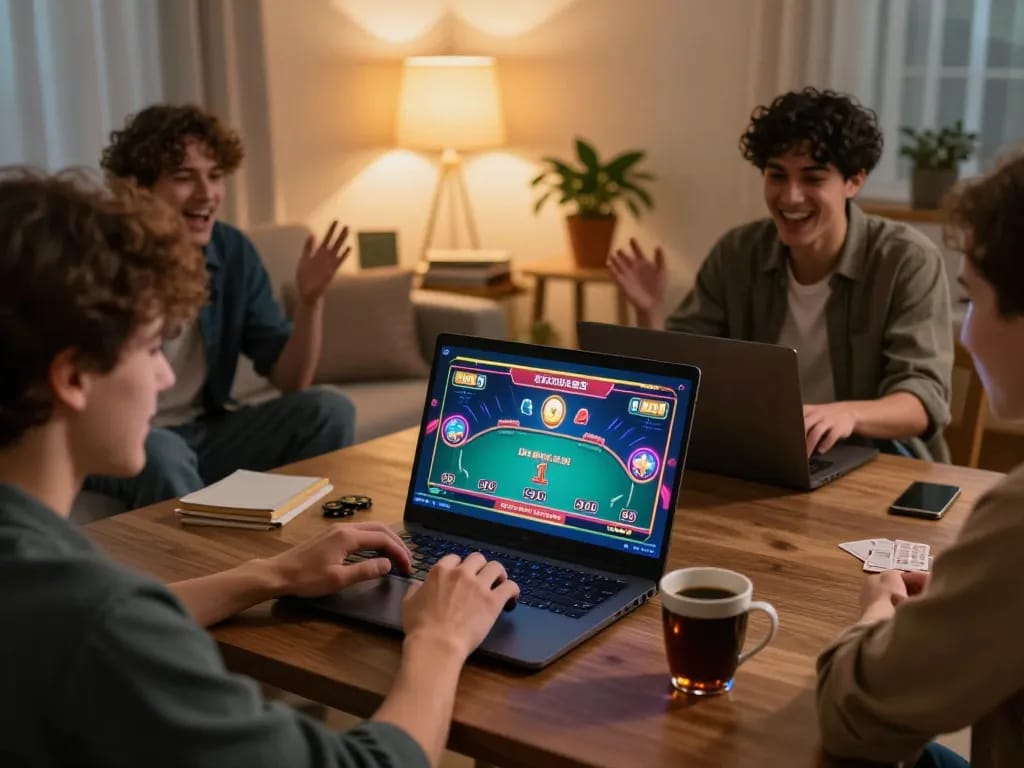 3win players engaging in an online poker game at home in a cozy setting