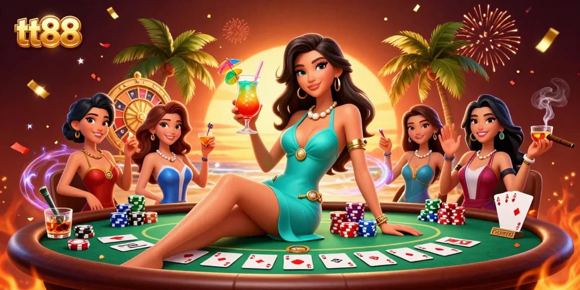 Experience TT88's vibrant casino atmosphere with glamorous characters and lively gaming elements.