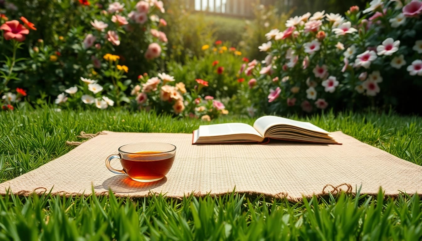 Hanfmatte in einem Garten mit Blumen und einer Tasse Tee auf der Matte.