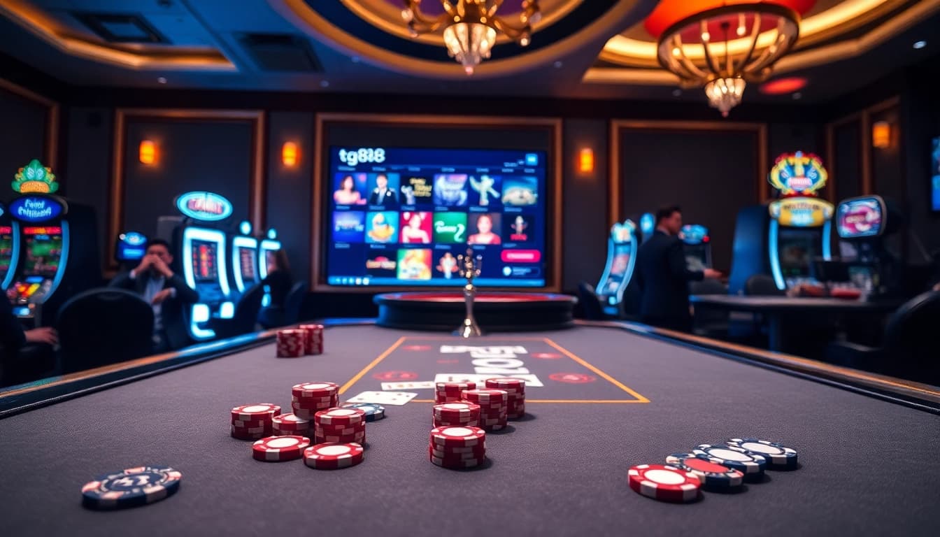 Players engage with tg88 online casino games around a stylish poker table, surrounded by vibrant gaming elements.