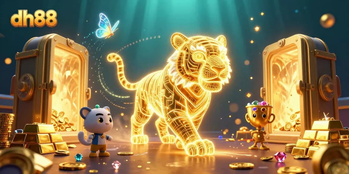Experience exciting gaming with dh88's vibrant casino adventure featuring a golden tiger and treasure.