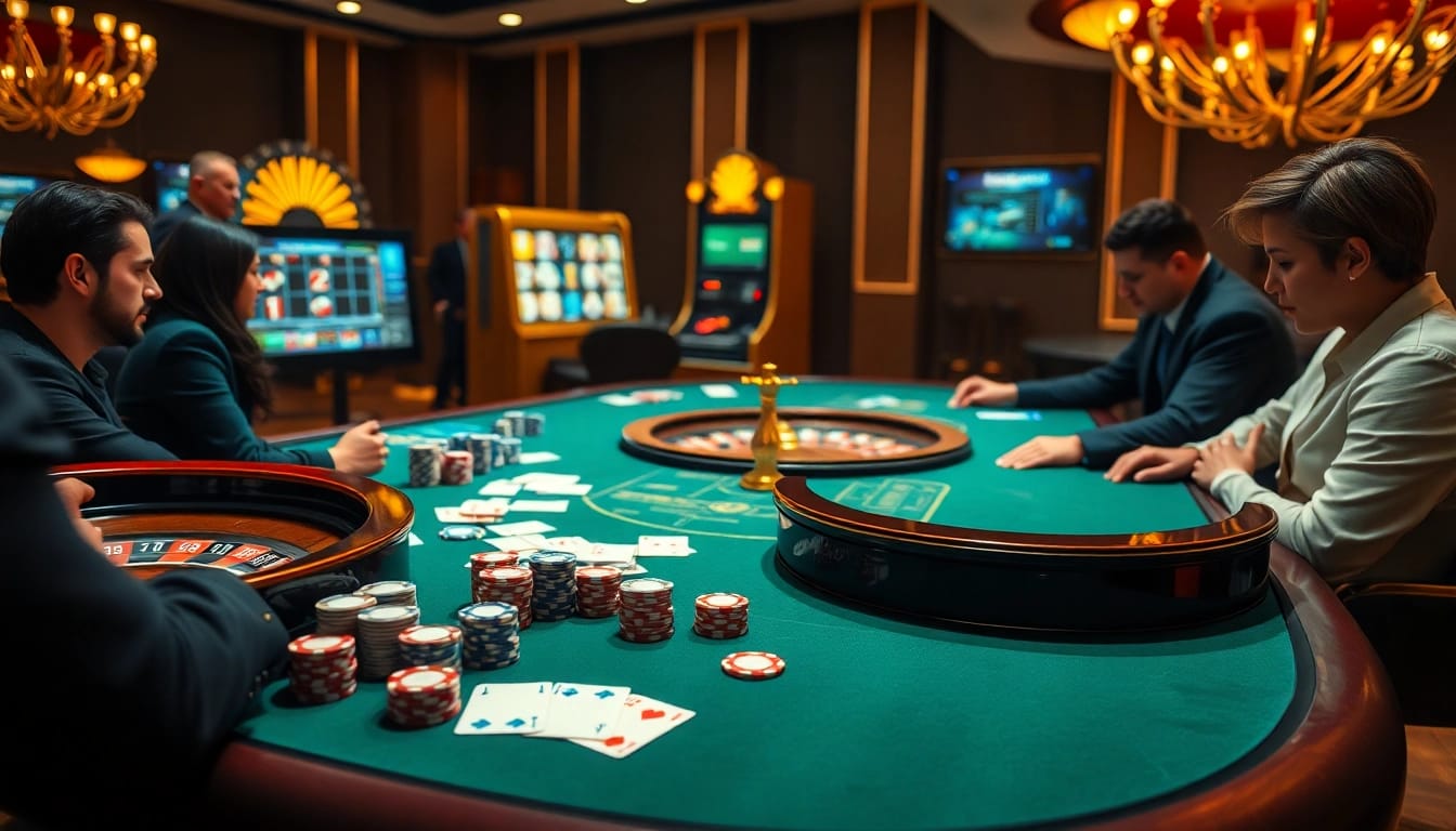 Experience excitement at qh88 with a luxurious casino scene featuring gambling tables and vibrant poker chips.