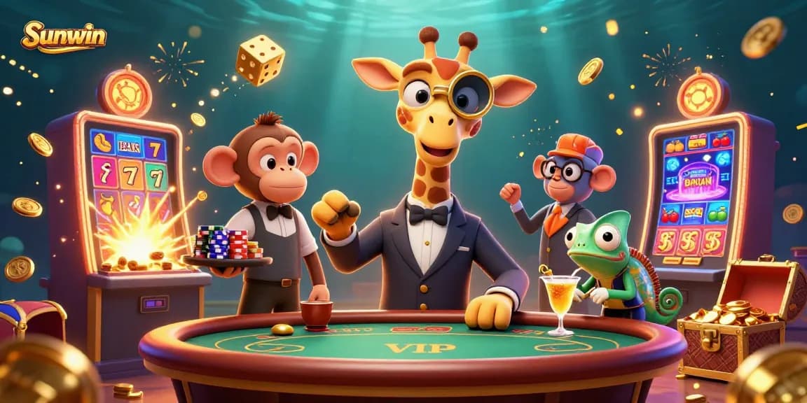 Win big at Sunwin with the cartoon giraffe high-roller, monkey valet, and chameleon bartender in a vibrant casino scene.