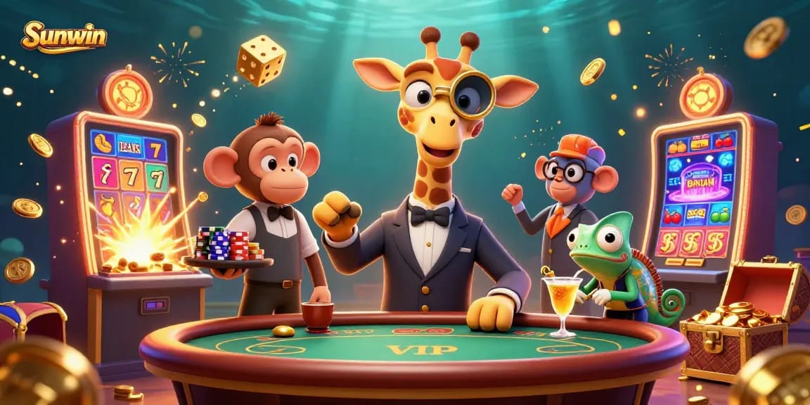 Win big at Sunwin with the cartoon giraffe high-roller, monkey valet, and chameleon bartender in a vibrant casino scene.