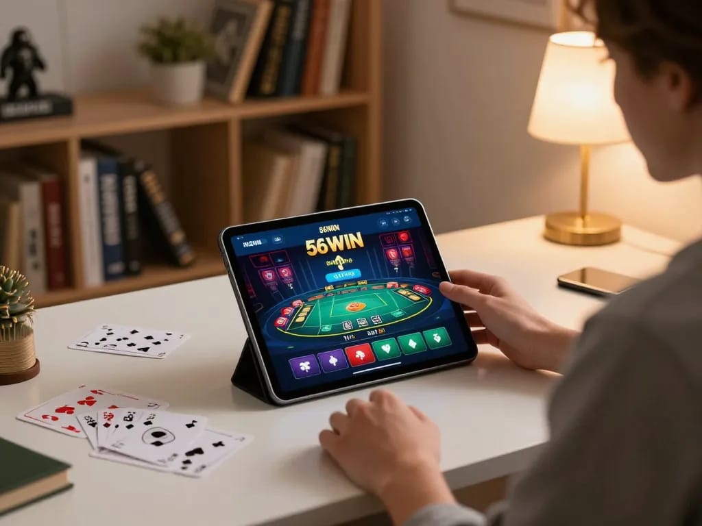 Engaging with the 56WIN mobile app on a tablet in a cozy home office.