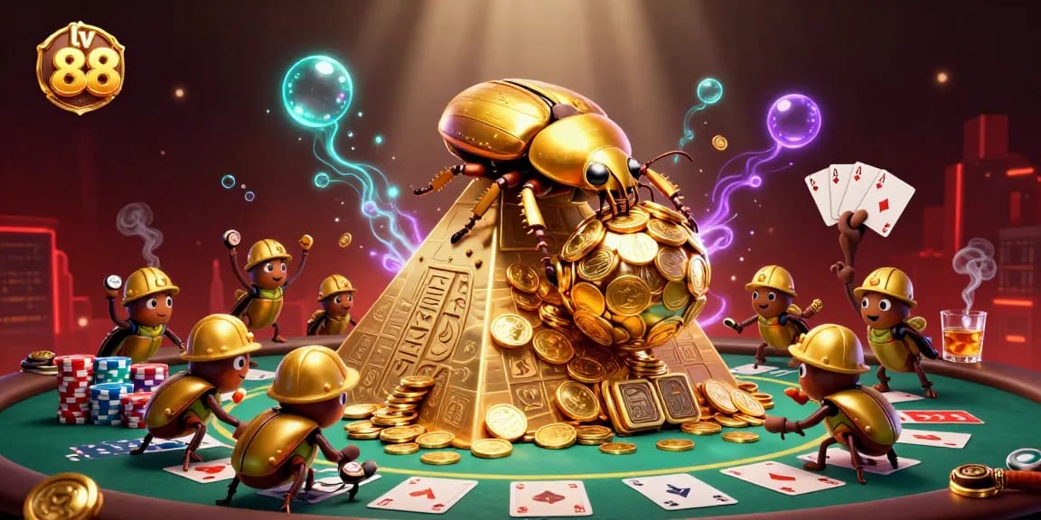 Experience the excitement of lv 88 casino with a vibrant scene of a golden beetle rolling coins.