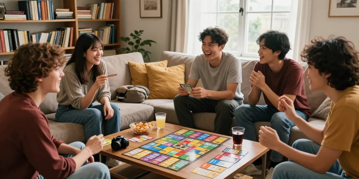 Friends participating in a fun Quiz Allgemeinwissen competition in a cozy living room.