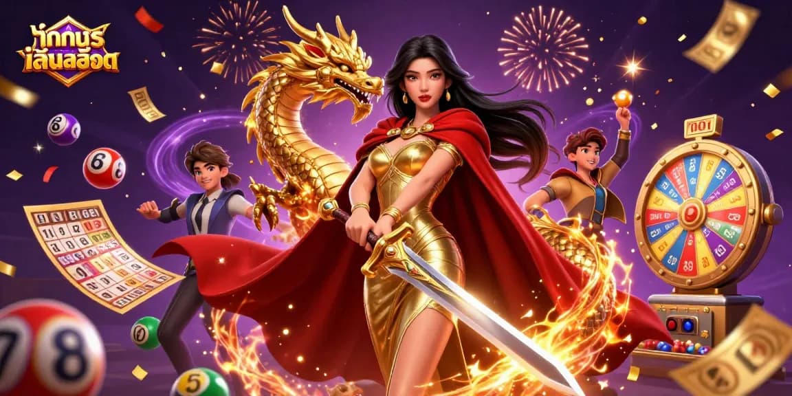 Engage in ทดลองเล่นสล็อต with a striking warrior queen surrounded by festive gaming elements.