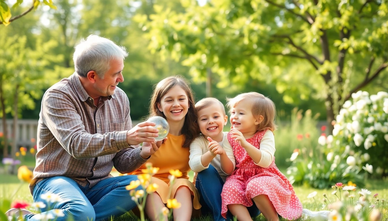 Kindererziehung zeigt eine liebevolle Interaktion zwischen einer Familie im Garten, symbolisiert durch Spiel und Freude.