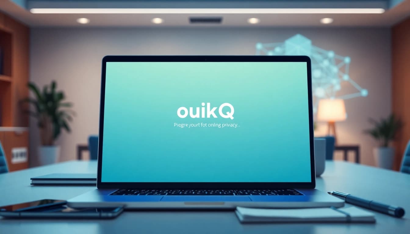 在现代工作空间中,笔记本电脑上显示的 QuickQ官网,提供安全的在线体验。