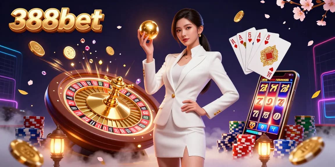 Engage with 388bet's thrilling casino scene featuring golden roulette and vibrant game elements.