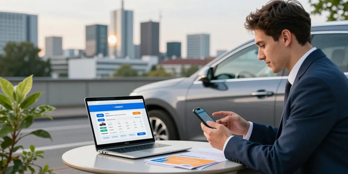 Autoversicherung in Dortmund: persönlicher Versicherungsexperte berät jungen Fahrer über WhatsApp in urbaner Umgebung.
