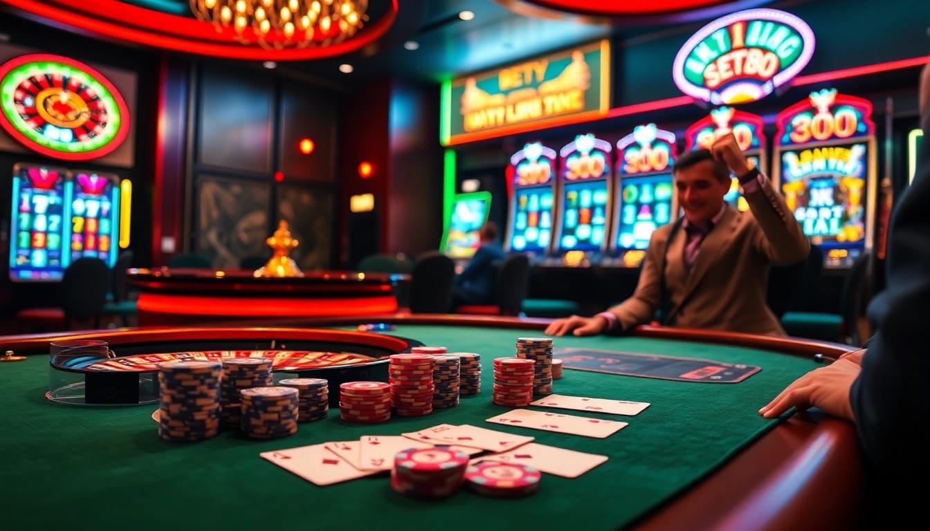 BET88 players enjoying high-stakes poker at a luxurious casino table, capturing the thrill of online gambling.