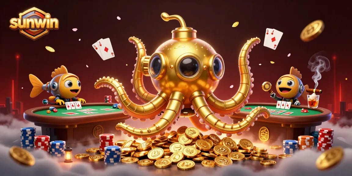 Sunwin brings a thrilling casino scene alive with a golden kraken submarine amidst poker excitement.