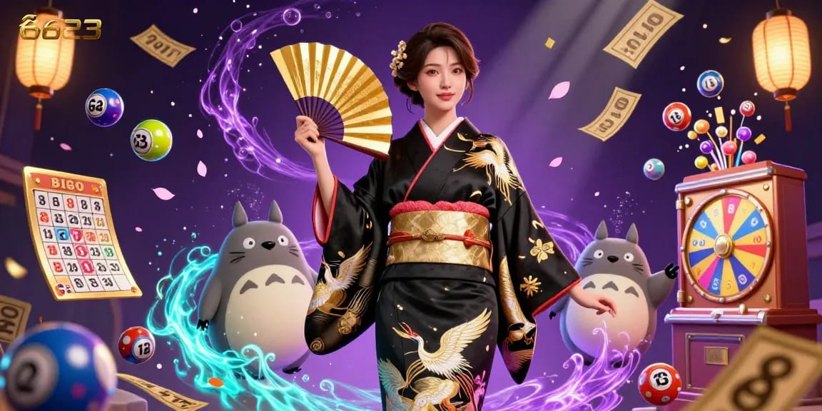 Experience the excitement of gambling with 6623, featuring vibrant lottery elements amidst a traditional Asian theme.
