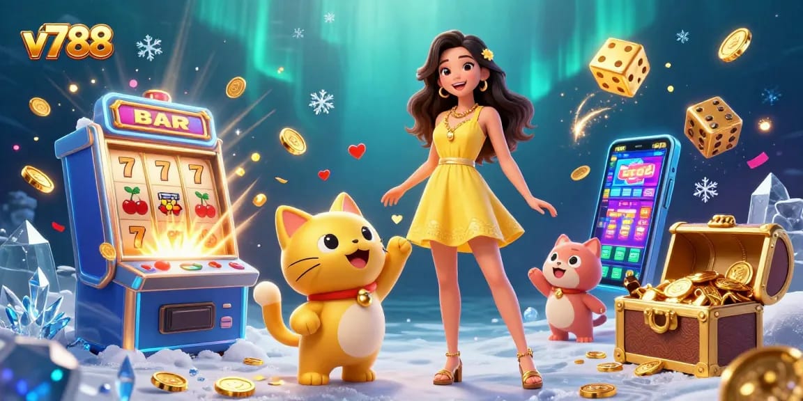 Experience exciting wins at v788 with vibrant illustration featuring a joyful player and lucky cat in action.