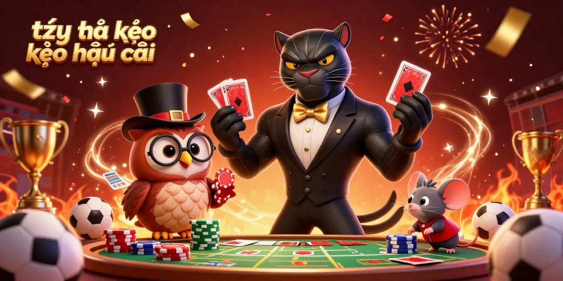 Cute black panther dealing cards at a vibrant sports betting scene showcasing tỷ lệ kèo kèo nhà cái with confetti and festive elements.