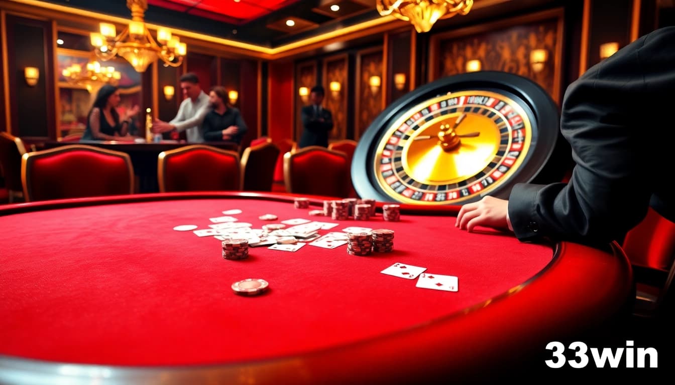 The thrilling atmosphere of 33win casino with glamorous poker chips and a roulette wheel.