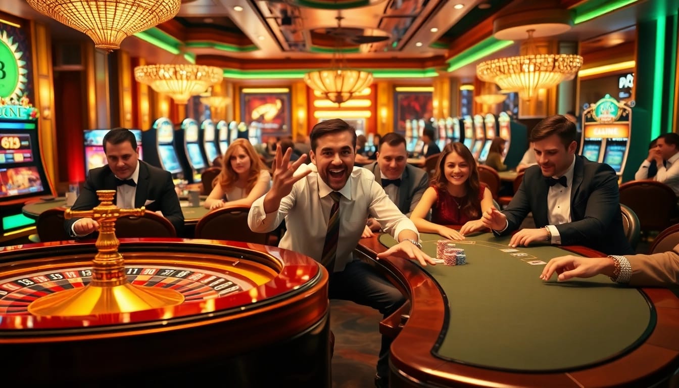 Excited players enjoying high-stakes games at https://ok8386.la/ casino tables filled with chips and cards.