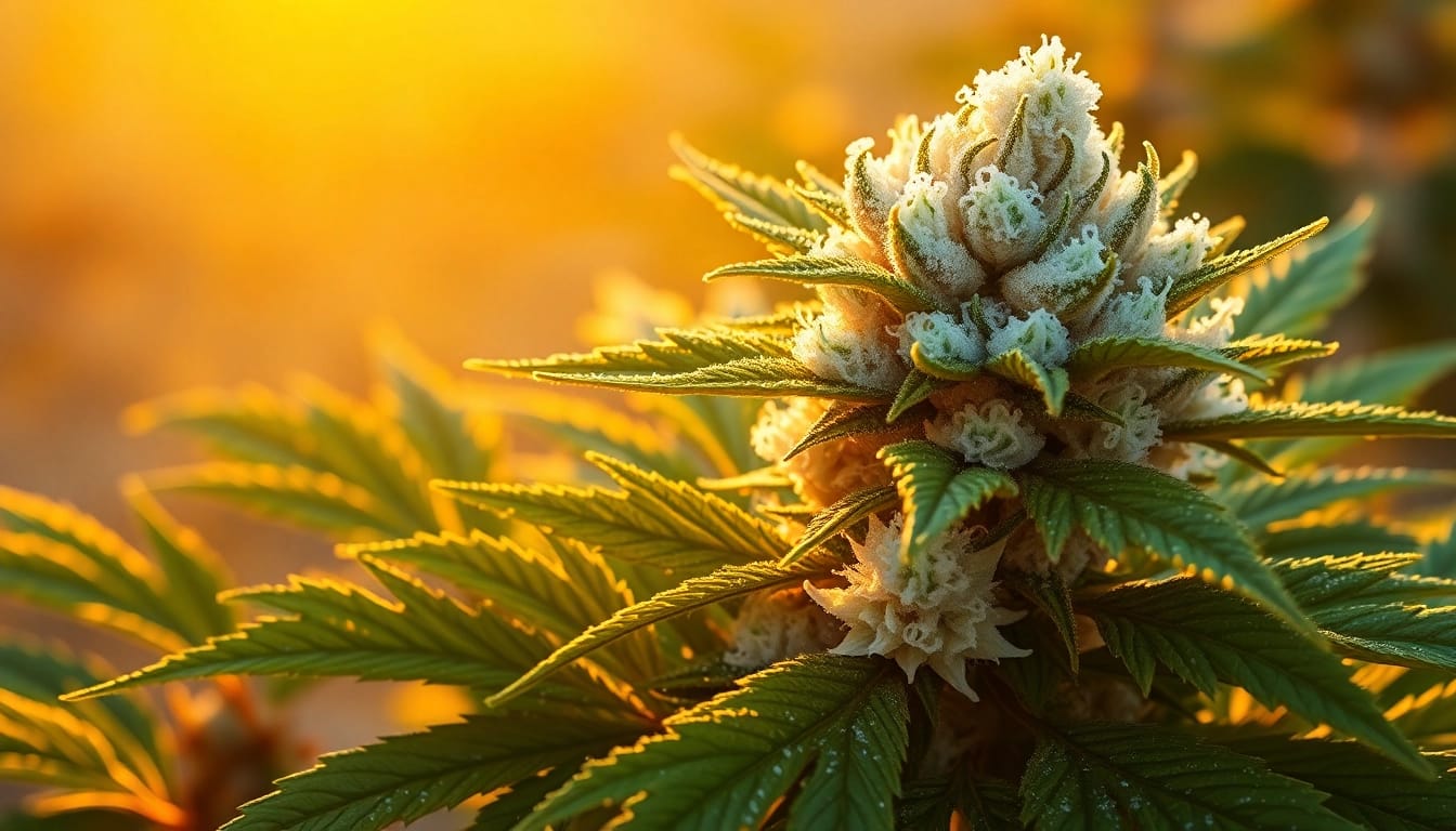 Admire a close-up of the White Widow cannabis strain with glimmering trichomes and lush green leaves.