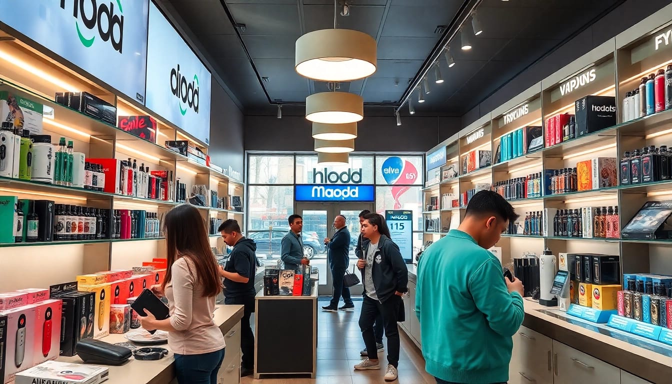 Vape enthusiasts examine hqd surv offerings in a stylish vape store setting.
