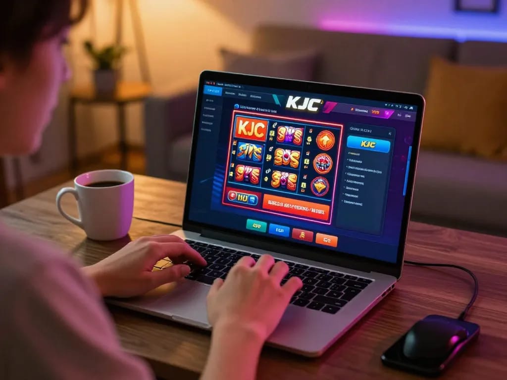 KJC player immersed in online gaming on laptop, exploring casino options in a cozy setting