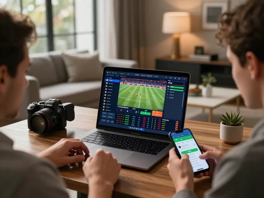 F168 user analyzing betting odds on laptop while placing bets on smartphone in sophisticated home gaming setup