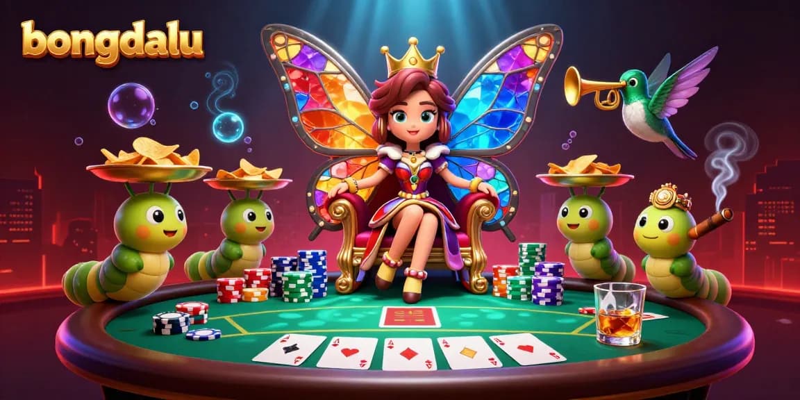 Bongdalu captures the excitement of gaming with a butterfly queen and vibrant poker elements.