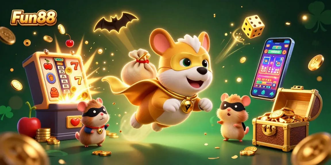 Experience Fun88's thrilling casino adventure with a superhero dog flying over jackpot wins!