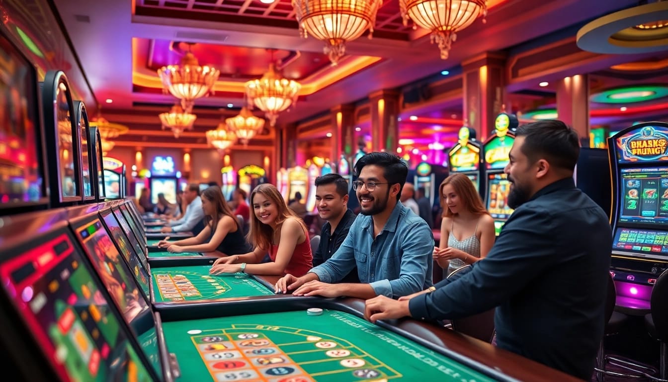 Az online casino játékosai izgalmas játékokat játszanak élénk környezetben.
