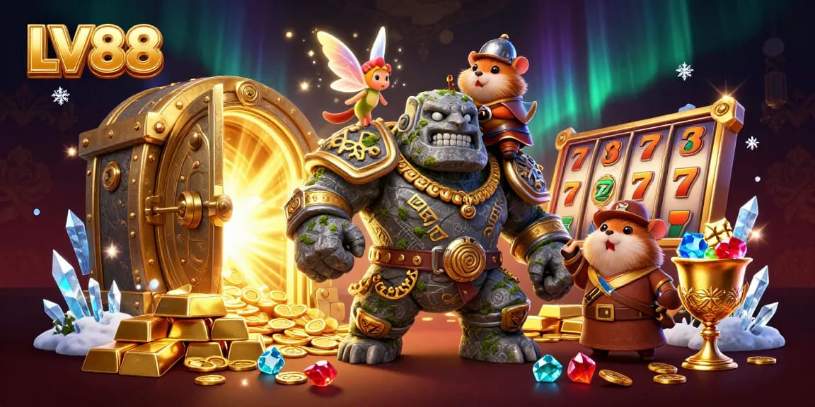 Spin to win at LV88, with a magical golem and friends surrounded by treasure!
