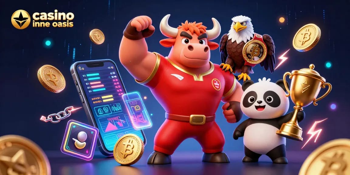 Play exciting games at casino ohne oasis featuring vibrant characters and glowing crypto coins.