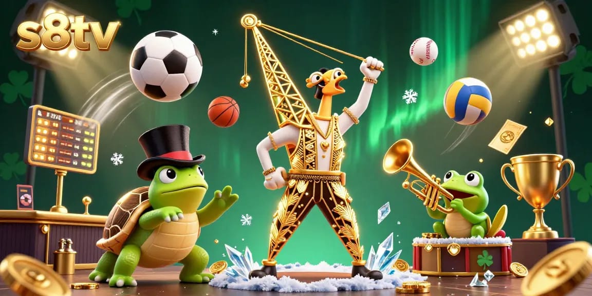 S8TV sports betting scene with a confident crane, turtle, and frog amid vibrant gaming elements.