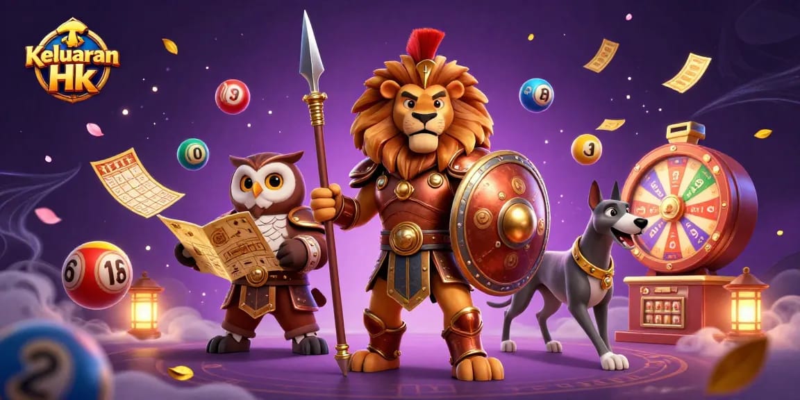 Keluaran Hk showcases colorful lottery elements with a vibrant 3D illustration featuring a heroic lion and strategic owl.