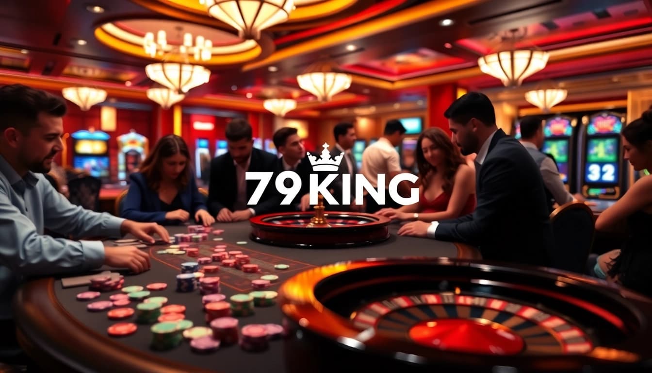 Players enjoying a thrilling game at a casino table with 79KING branding and colorful poker chips.