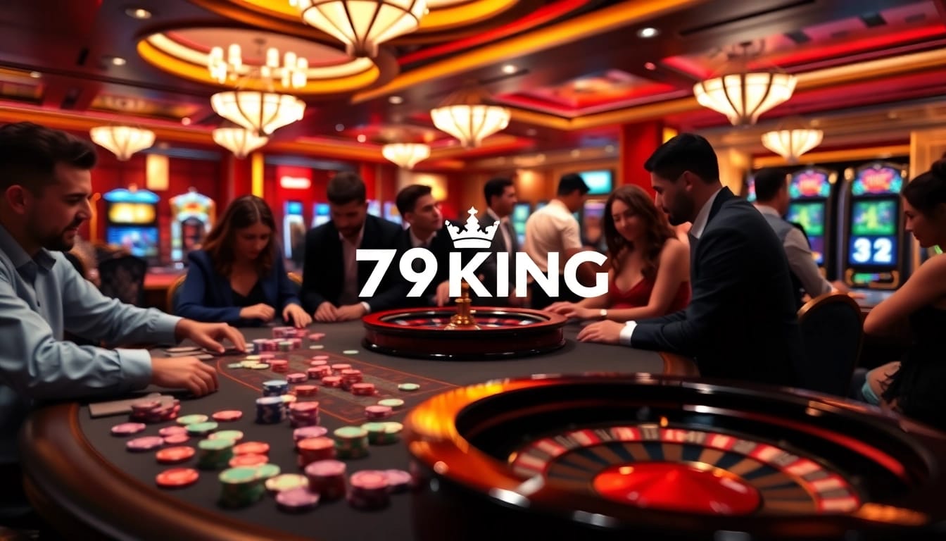 Players enjoying a thrilling game at a casino table with 79KING branding and colorful poker chips.