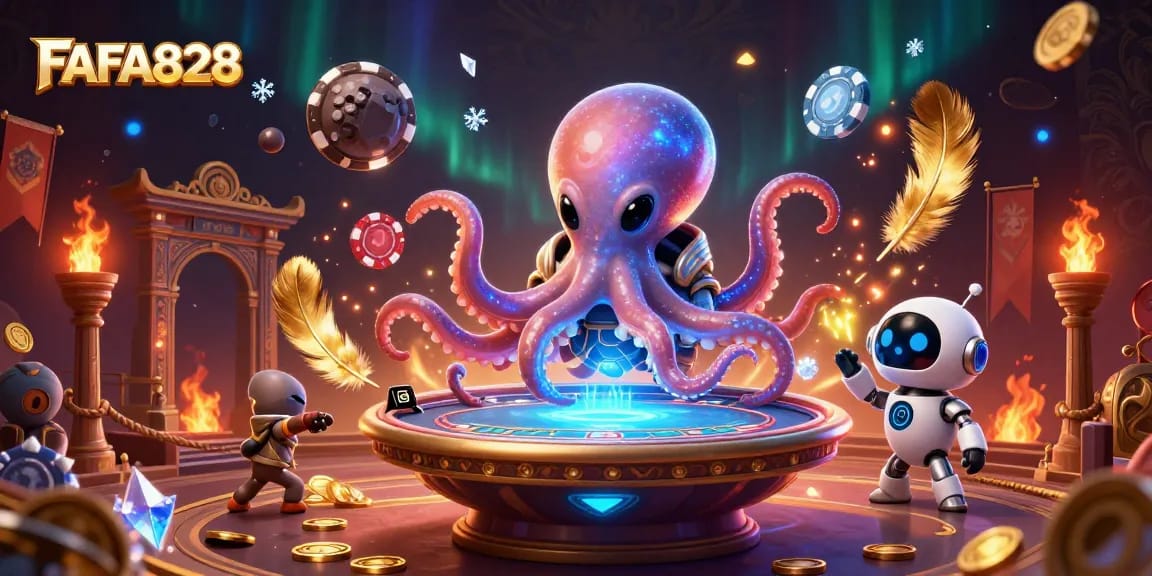 Play at FAFA828 with a vibrant illustration of an alien octopus poker scene.