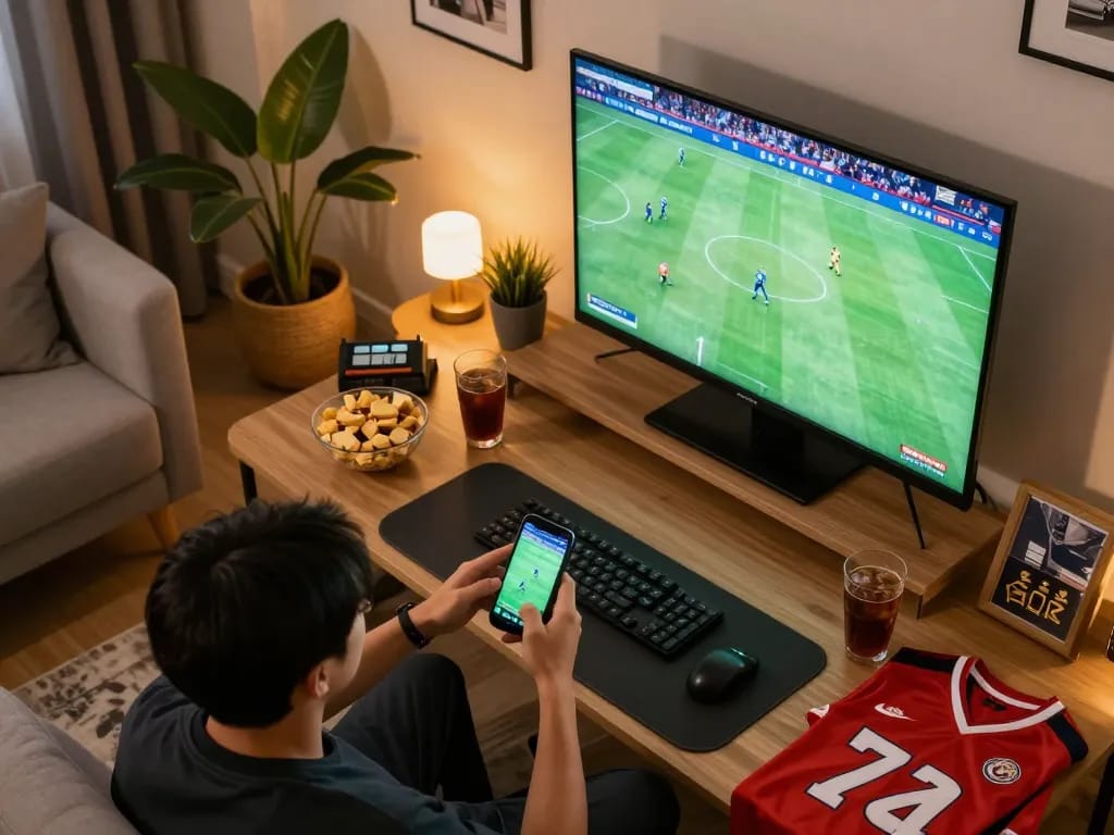 Experience intense online sports betting action with MB66 on your smartphone while enjoying a home match setup.