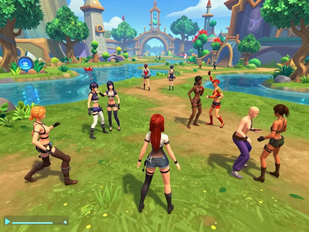 Engaging scene of diverse characters exploring vibrant virtual worlds in porn ganes.